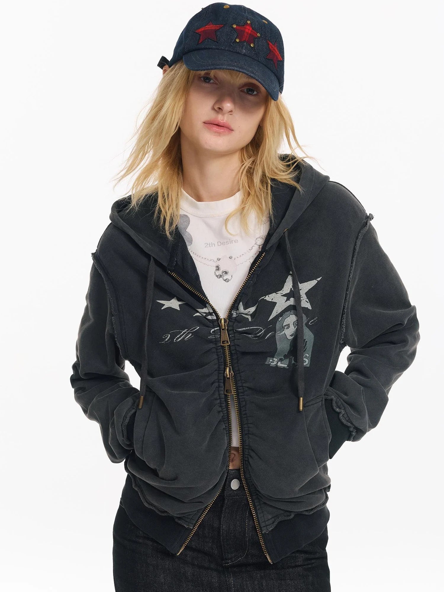 Vintage Washed Punk Print Twisted Hoodie