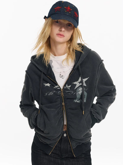 Vintage Washed Punk Print Twisted Hoodie
