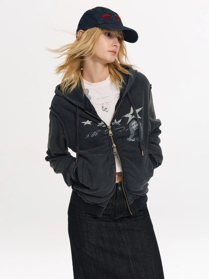 Vintage Washed Punk Print Twisted Hoodie