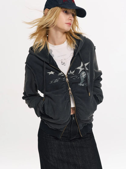 Vintage Washed Punk Print Twisted Hoodie