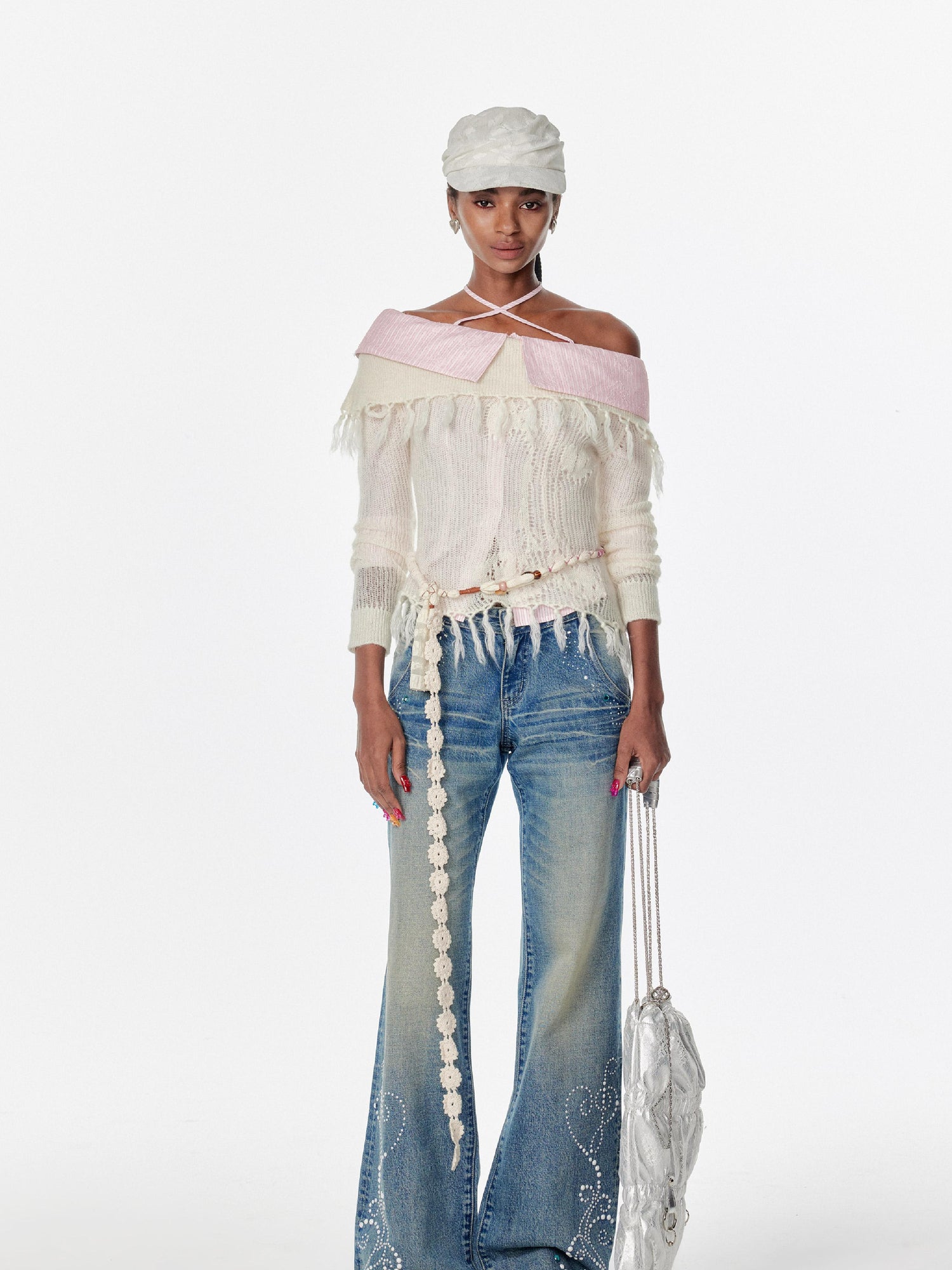 2th Desire Vintage Washed Star Embroidered Flare Low Rise Jeans