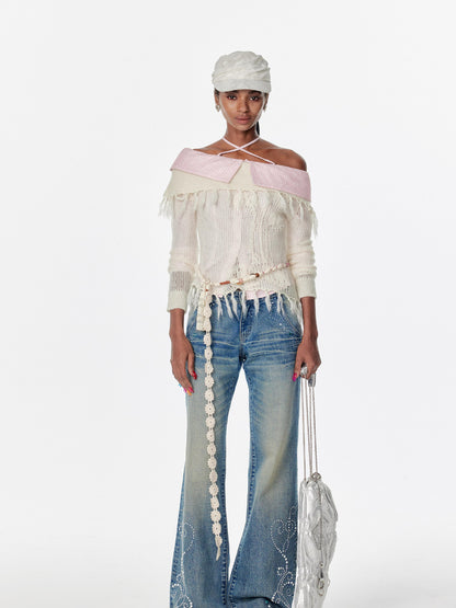 2th Desire Vintage Washed Star Embroidered Flare Low Rise Jeans