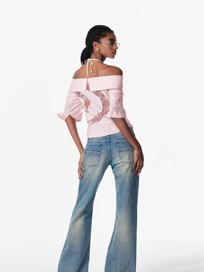 Vintage Washed Star Embroidered Flare Low Rise Jeans