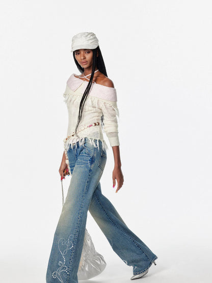 Vintage Washed Star Embroidered Flare Low Rise Jeans