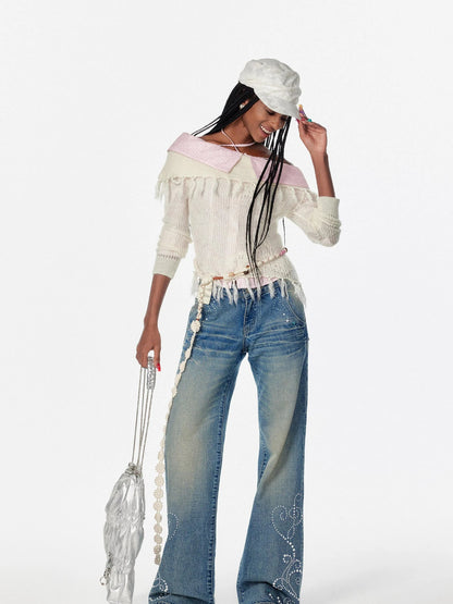 Vintage Washed Star Embroidered Flare Low Rise Jeans