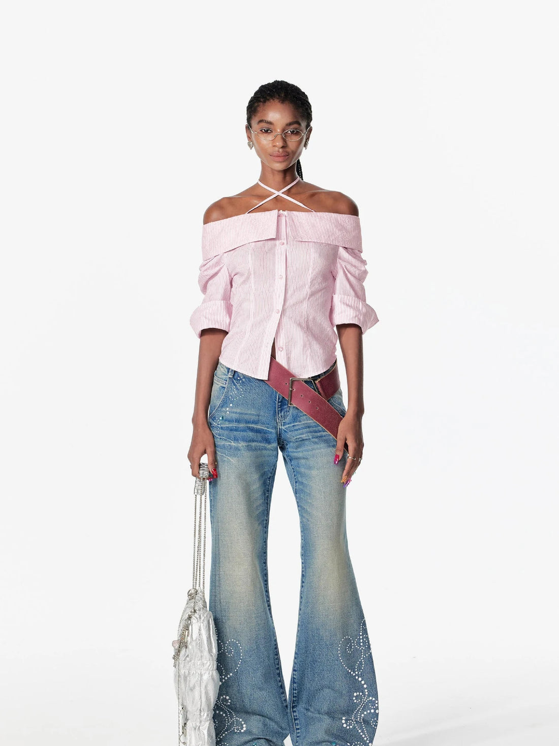 Vintage Washed Star Embroidered Flare Low Rise Jeans