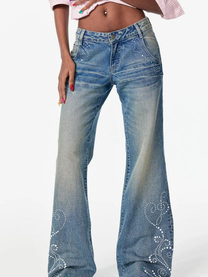 Vintage Washed Star Embroidered Flare Low Rise Jeans