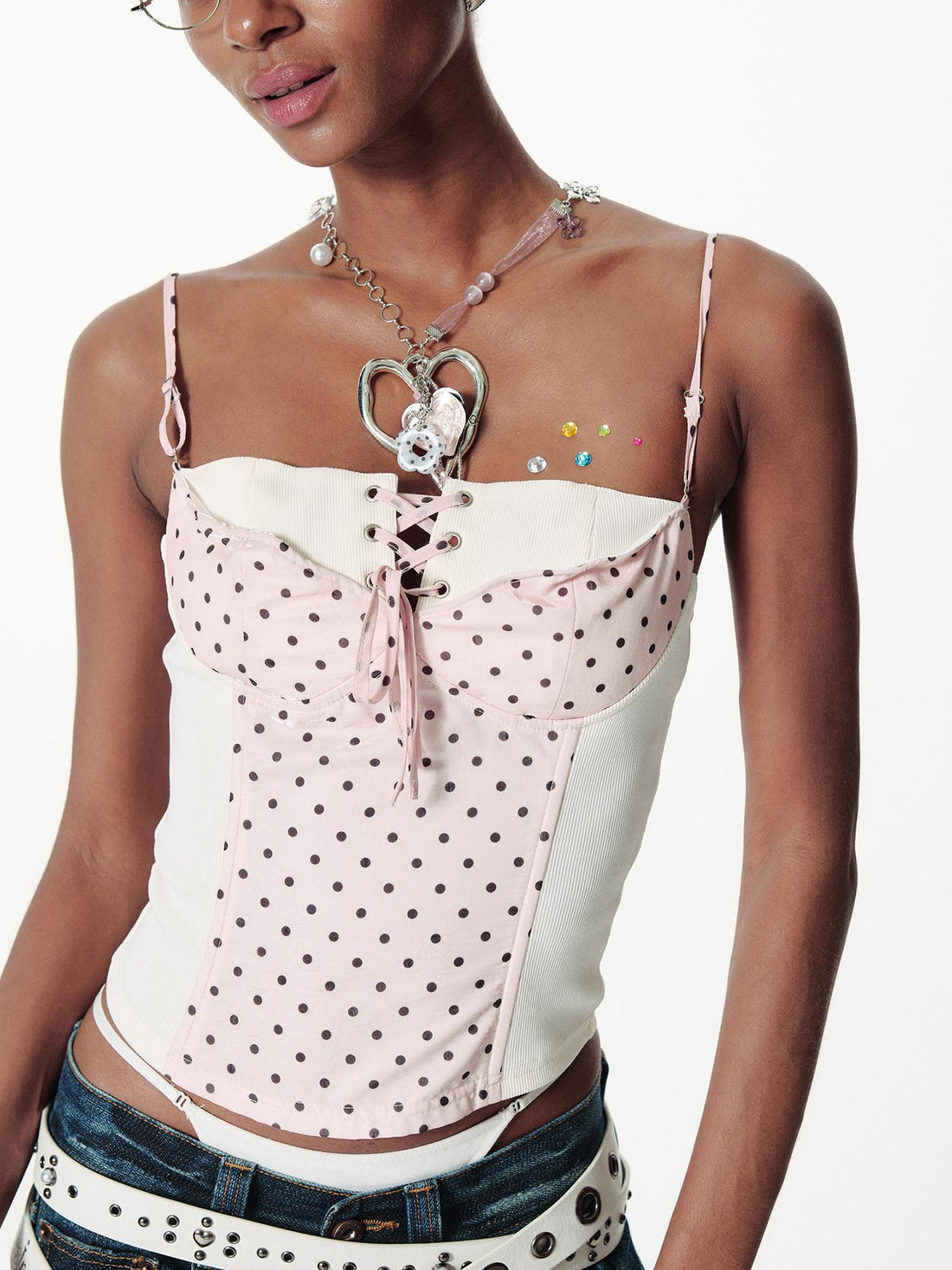 2th Desire Vintage Wire Grid Dot Backless Tie Sleeveless Corset Top