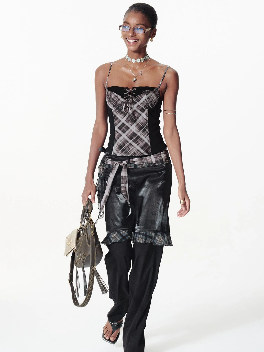 Vintage Wire Grid Dot Backless Tie Sleeveless Corset Top