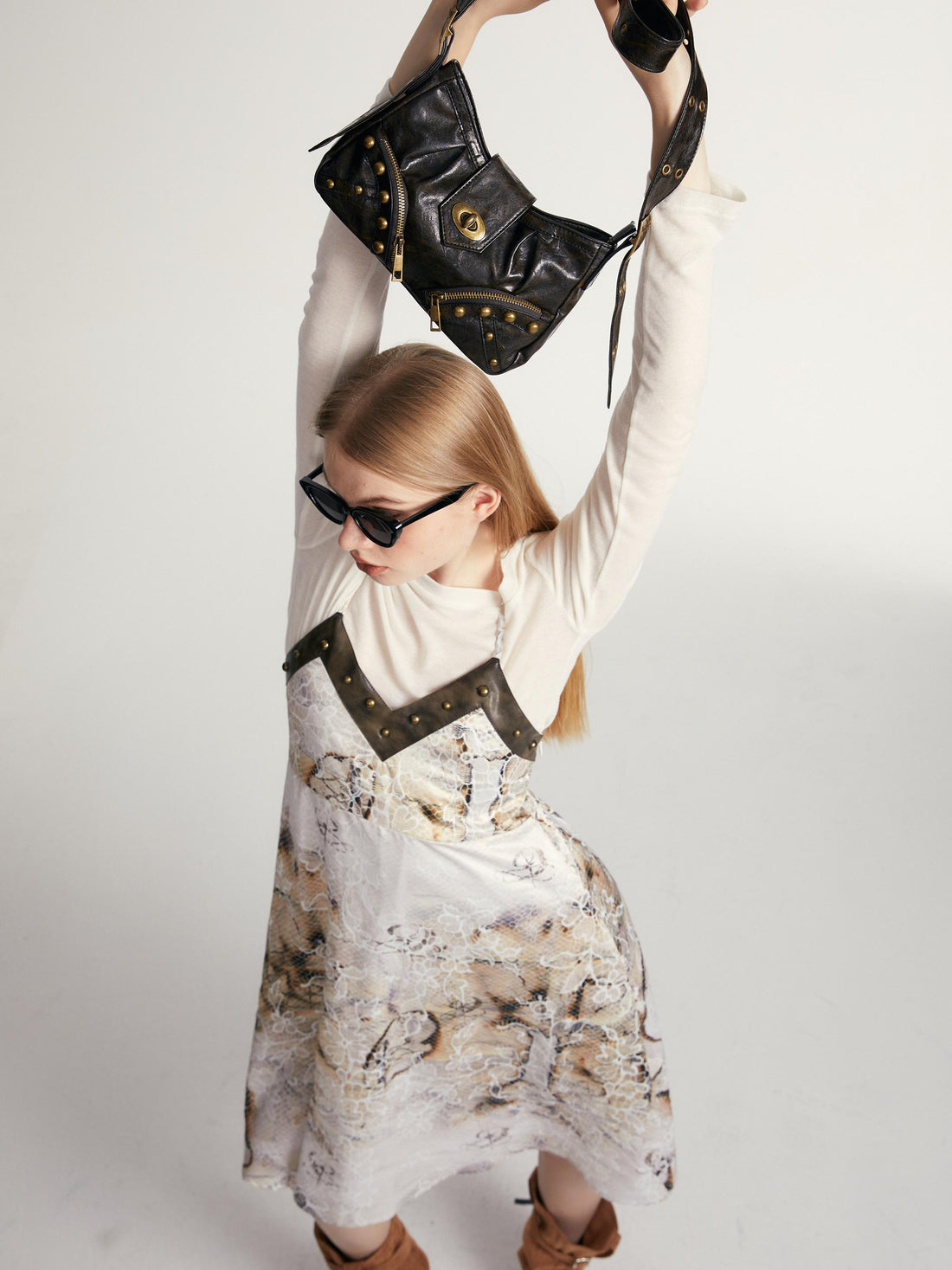 2th Desire Vintage Y2 K Black Brown Leather Shoulder Tote
