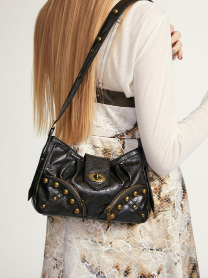 2th Desire Vintage Y2 K Black Brown Leather Shoulder Tote