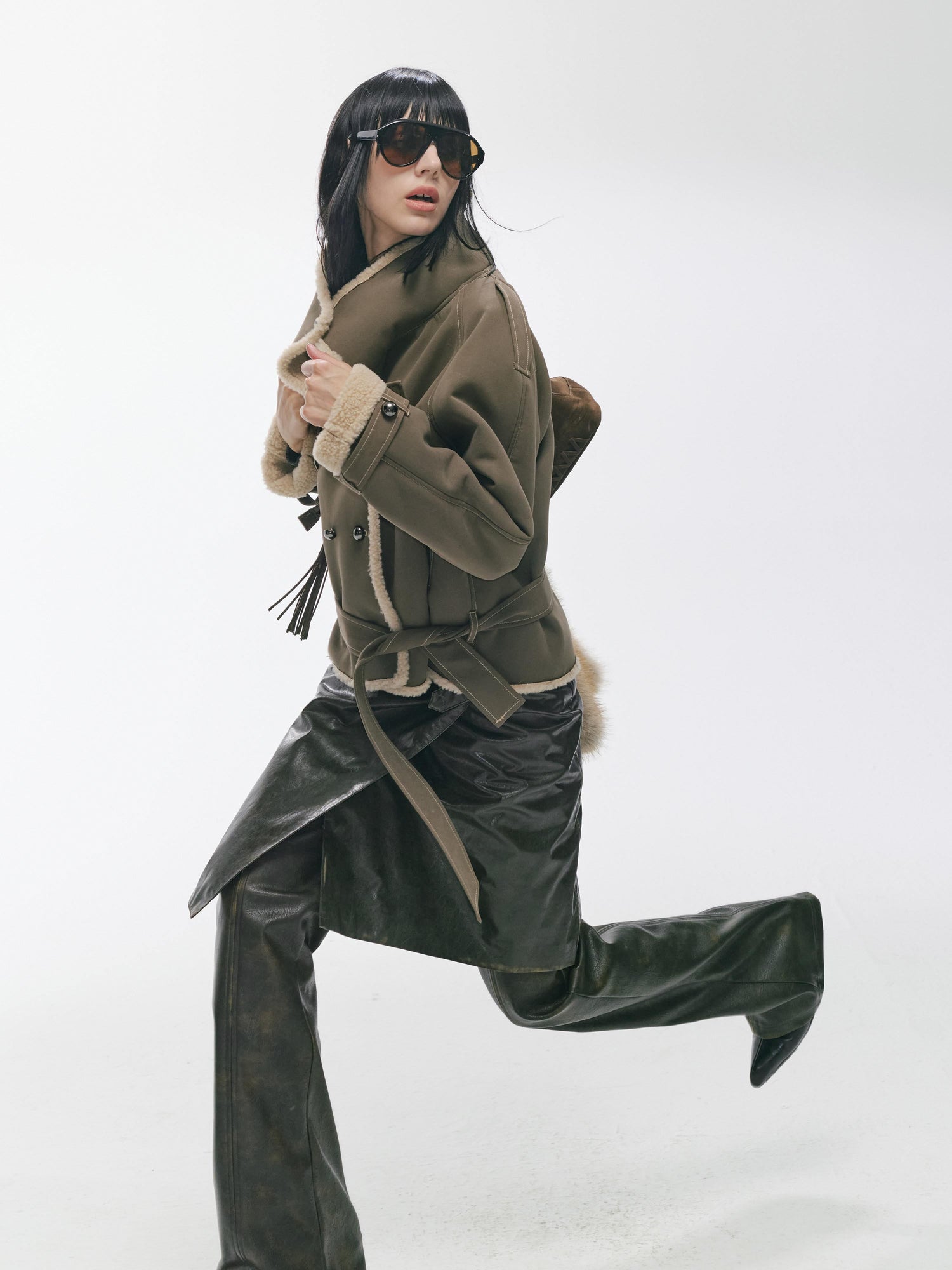 2th Desire Waist Cinching Punk Fur Trim Short Lapel Longsleeve Women Gray Green Coats
