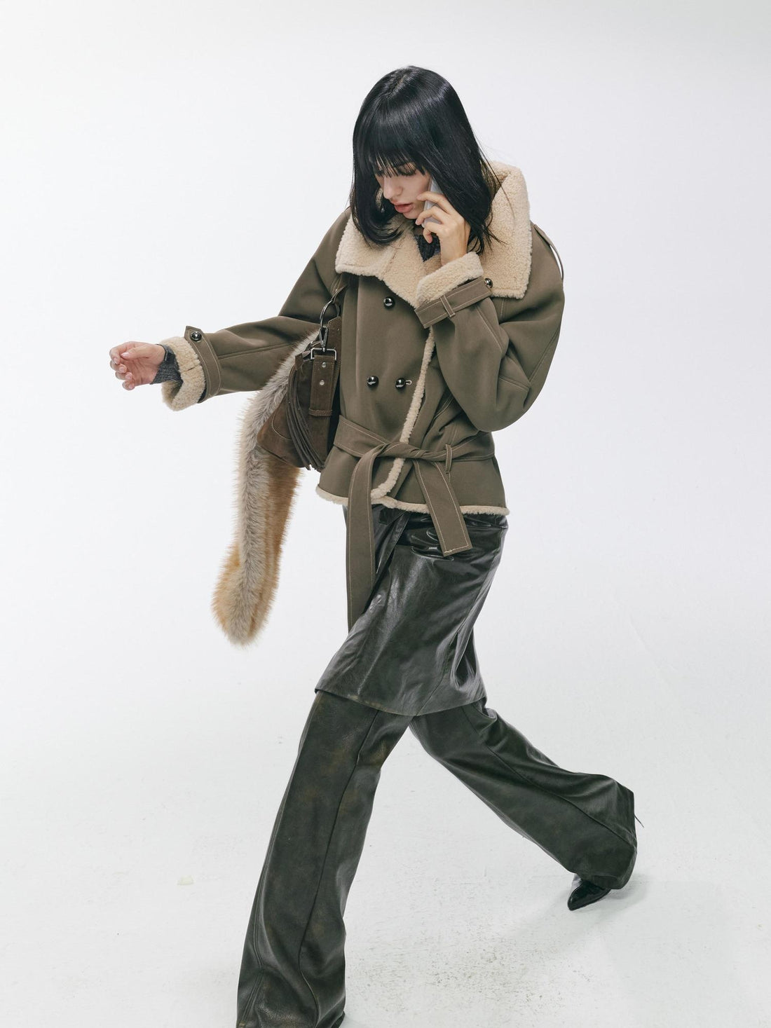 2th Desire Waist Cinching Punk Fur Trim Short Lapel Longsleeve Women Gray Green Coats