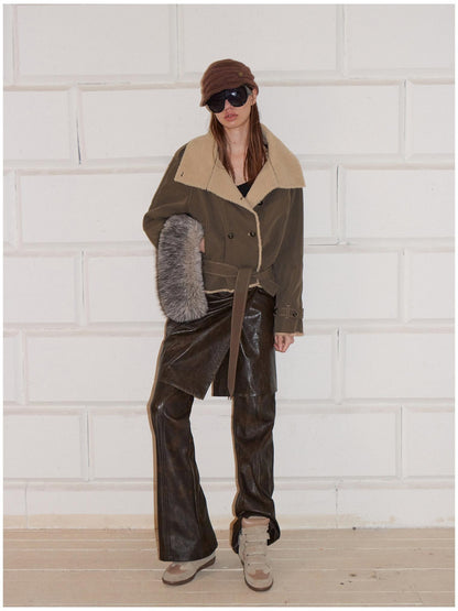 2th Desire Waist Cinching Punk Fur Trim Short Lapel Longsleeve Women Gray Green Coats