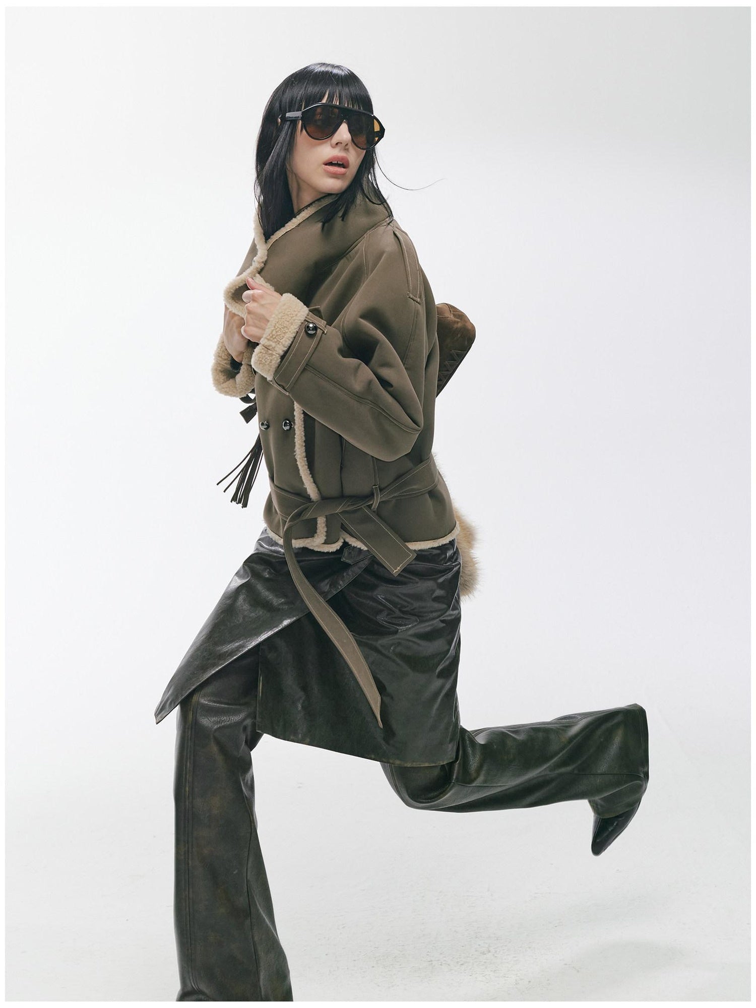 2th Desire Waist Cinching Punk Fur Trim Short Lapel Longsleeve Women Gray Green Coats