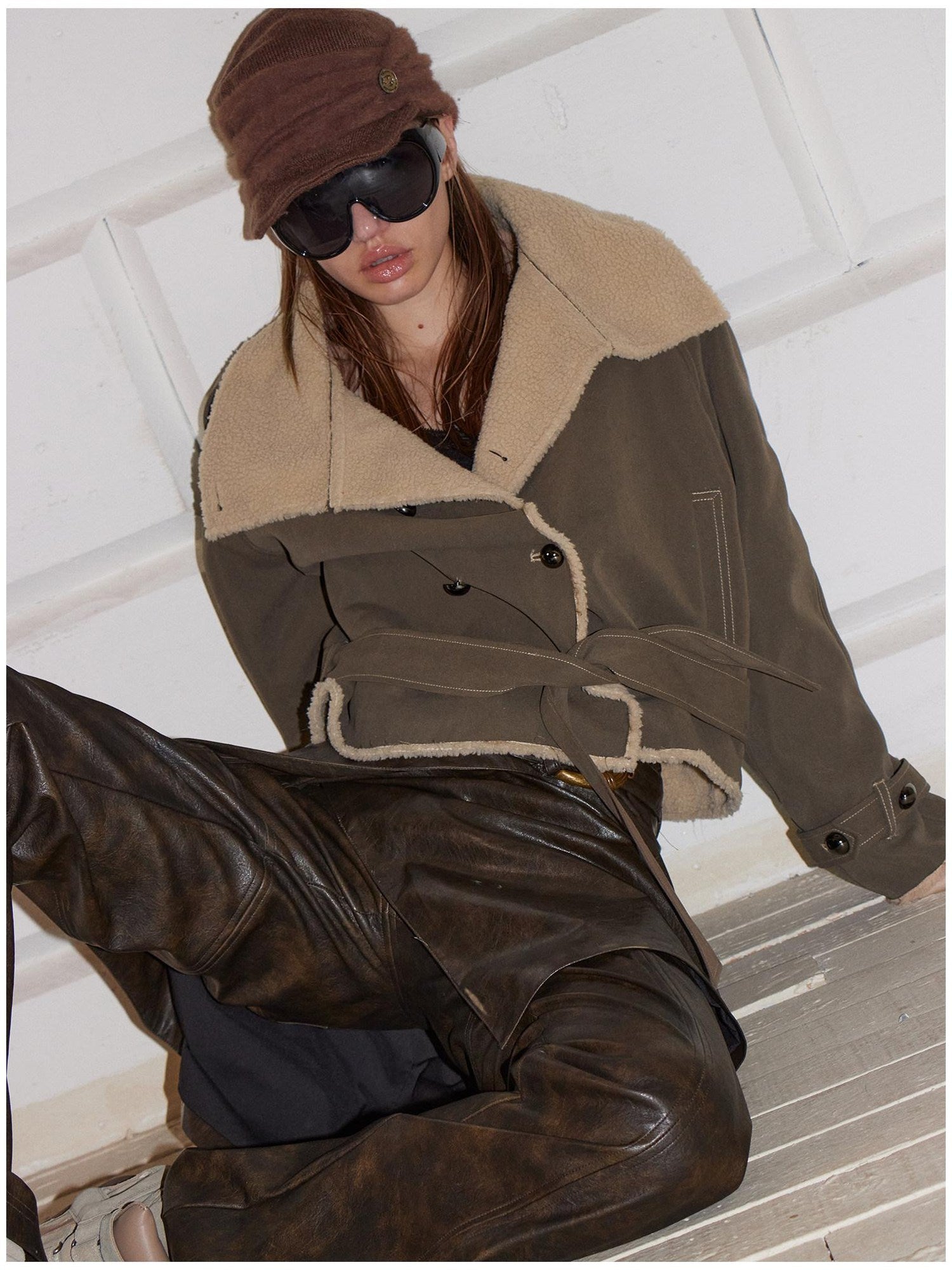 2th Desire Waist Cinching Punk Fur Trim Short Lapel Longsleeve Women Gray Green Coats