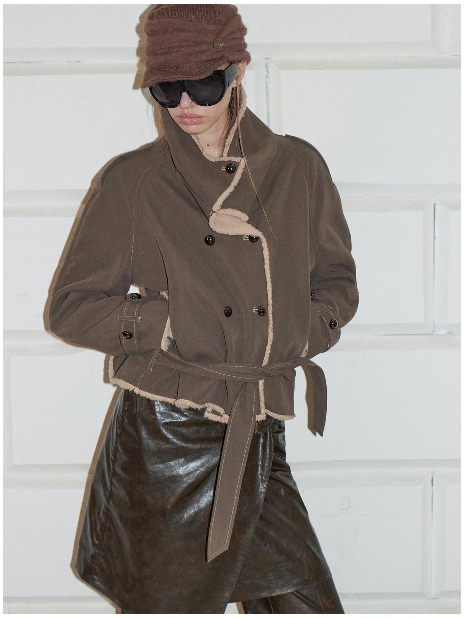 2th Desire Waist Cinching Punk Fur Trim Short Lapel Longsleeve Women Gray Green Coats