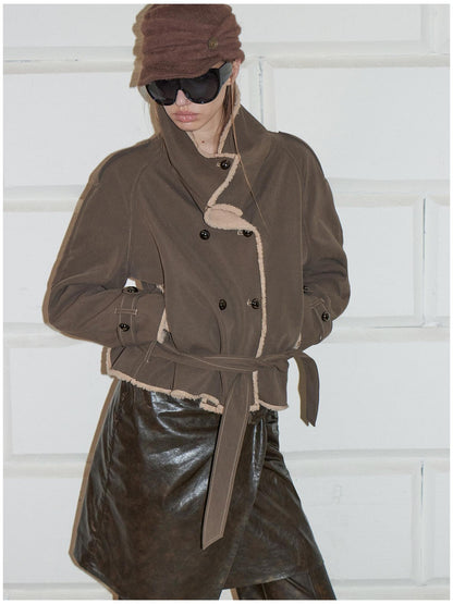 2th Desire Waist Cinching Punk Fur Trim Short Lapel Longsleeve Women Gray Green Coats