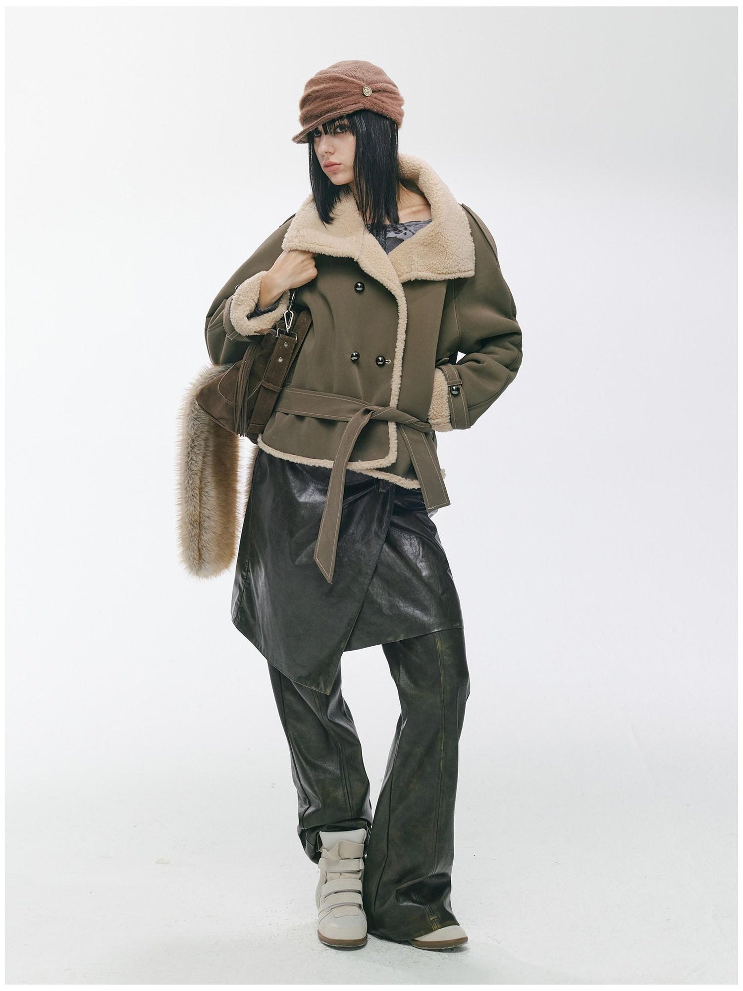 2th Desire Waist Cinching Punk Fur Trim Short Lapel Longsleeve Women Gray Green Coats
