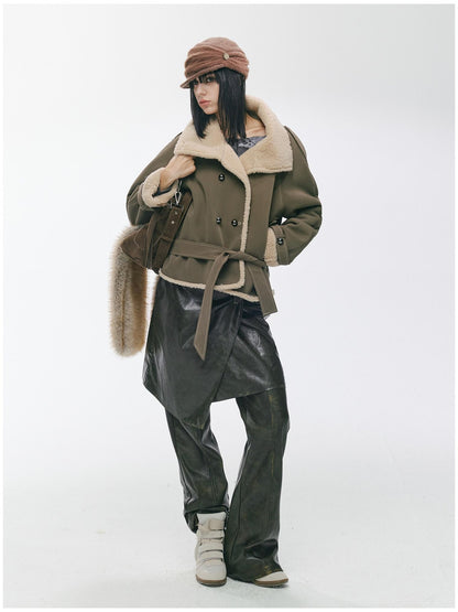 2th Desire Waist Cinching Punk Fur Trim Short Lapel Longsleeve Women Gray Green Coats