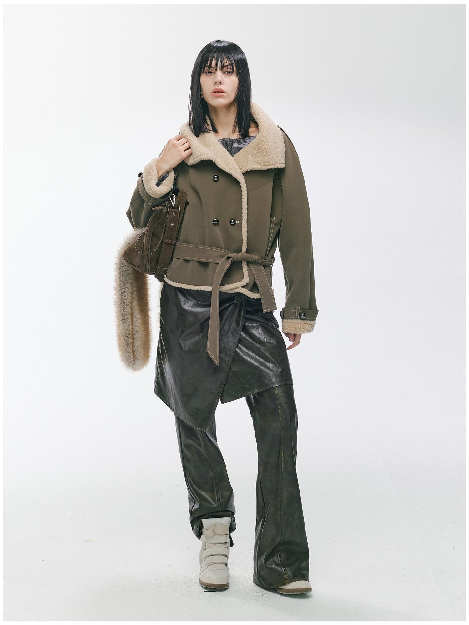 2th Desire Waist Cinching Punk Fur Trim Short Lapel Longsleeve Women Gray Green Coats