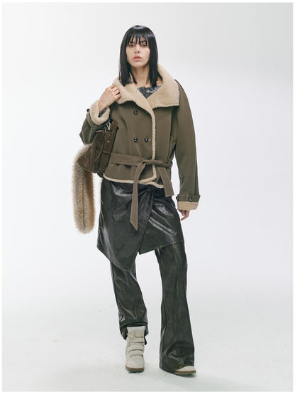 2th Desire Waist Cinching Punk Fur Trim Short Lapel Longsleeve Women Gray Green Coats