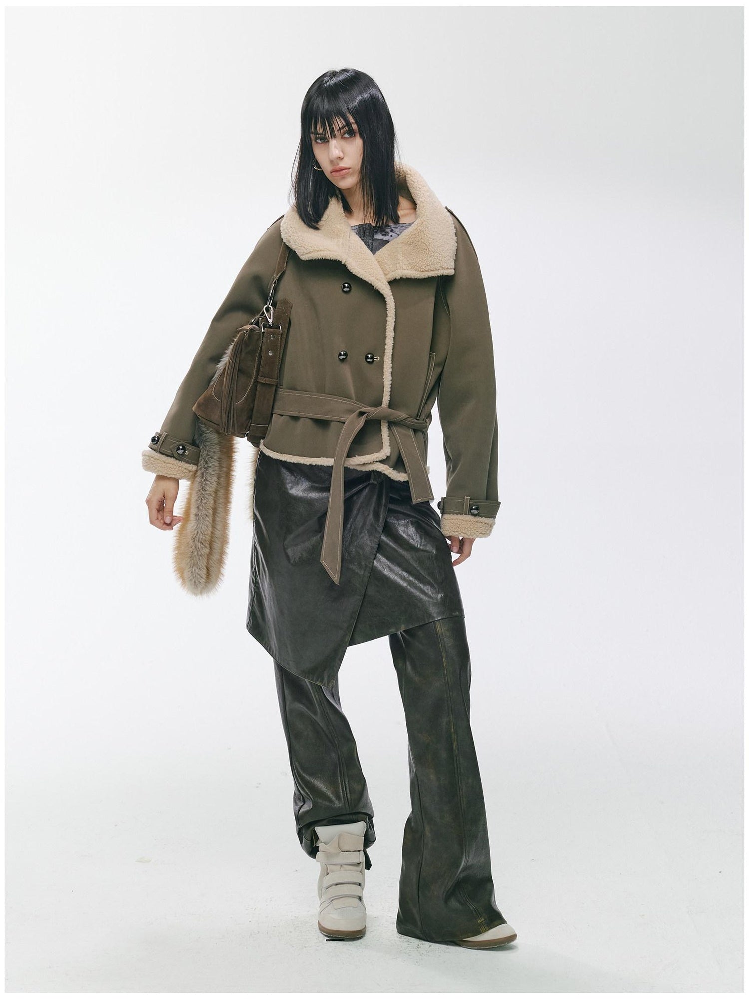 2th Desire Waist Cinching Punk Fur Trim Short Lapel Longsleeve Women Gray Green Coats