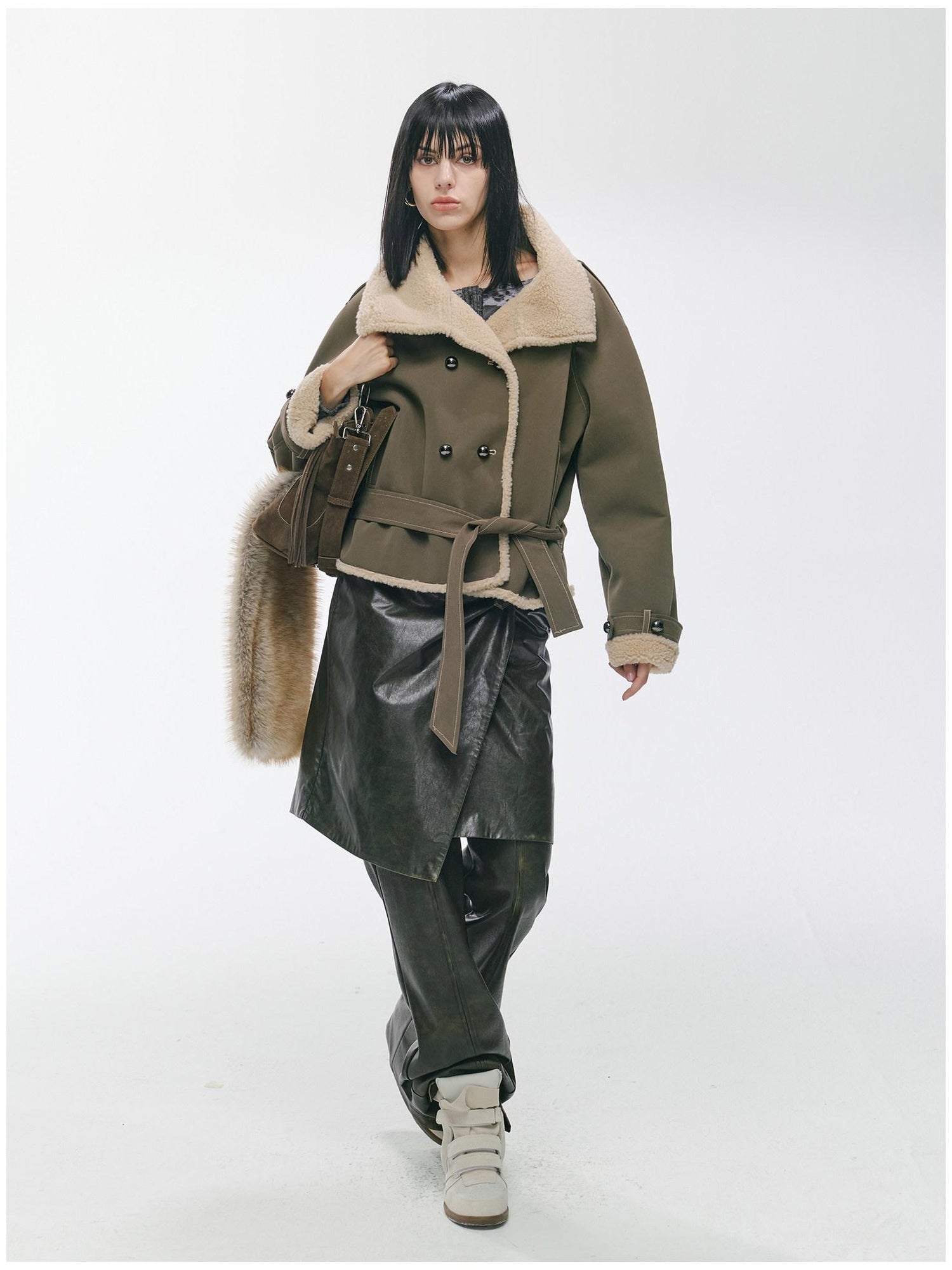 2th Desire Waist Cinching Punk Fur Trim Short Lapel Longsleeve Women Gray Green Coats