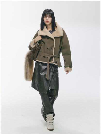 2th Desire Waist Cinching Punk Fur Trim Short Lapel Longsleeve Women Gray Green Coats