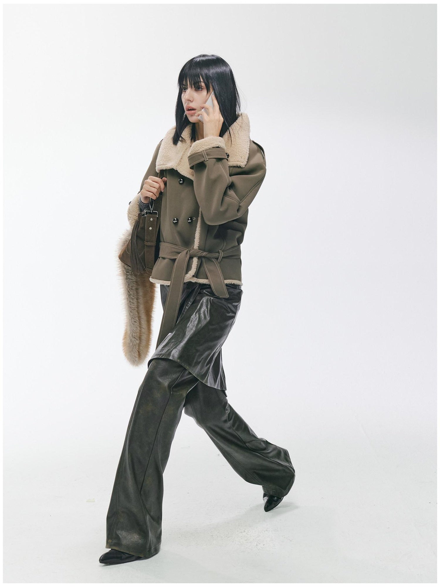 2th Desire Waist Cinching Punk Fur Trim Short Lapel Longsleeve Women Gray Green Coats