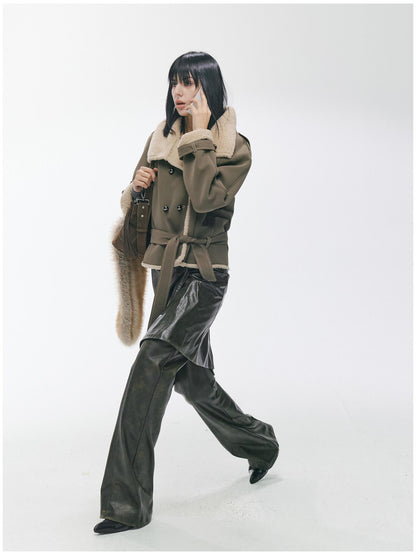 2th Desire Waist Cinching Punk Fur Trim Short Lapel Longsleeve Women Gray Green Coats