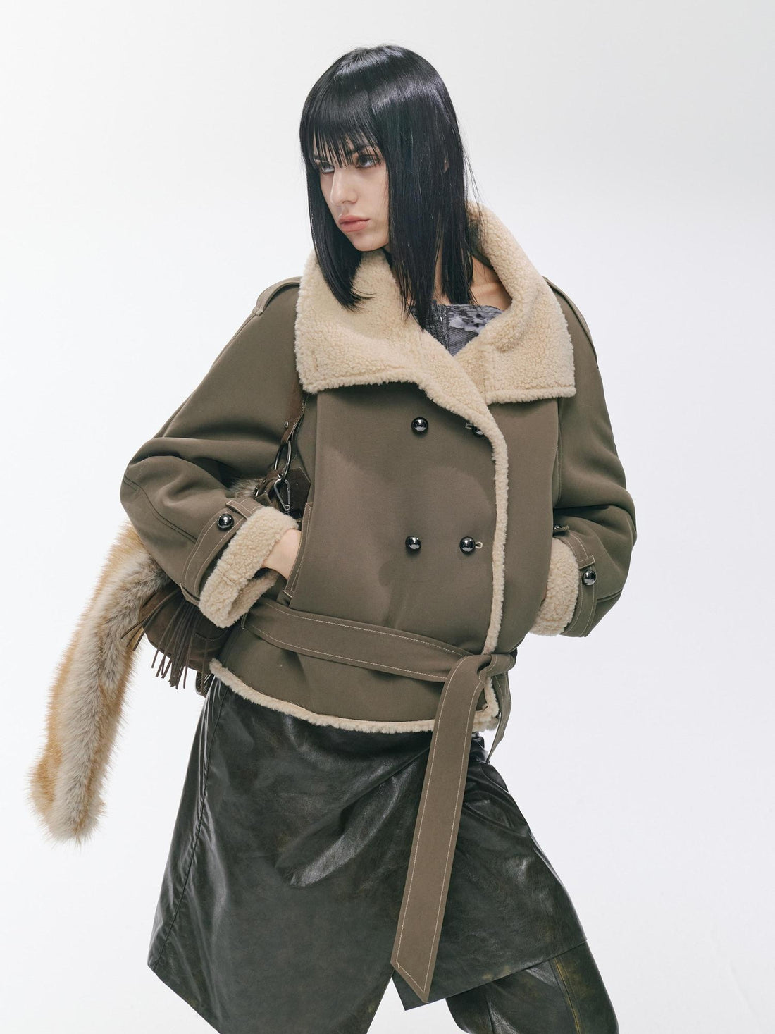 2th Desire Waist Cinching Punk Fur Trim Short Lapel Longsleeve Women Gray Green Coats