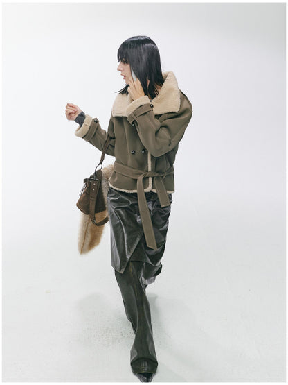 2th Desire Waist Cinching Punk Fur Trim Short Lapel Longsleeve Women Gray Green Coats