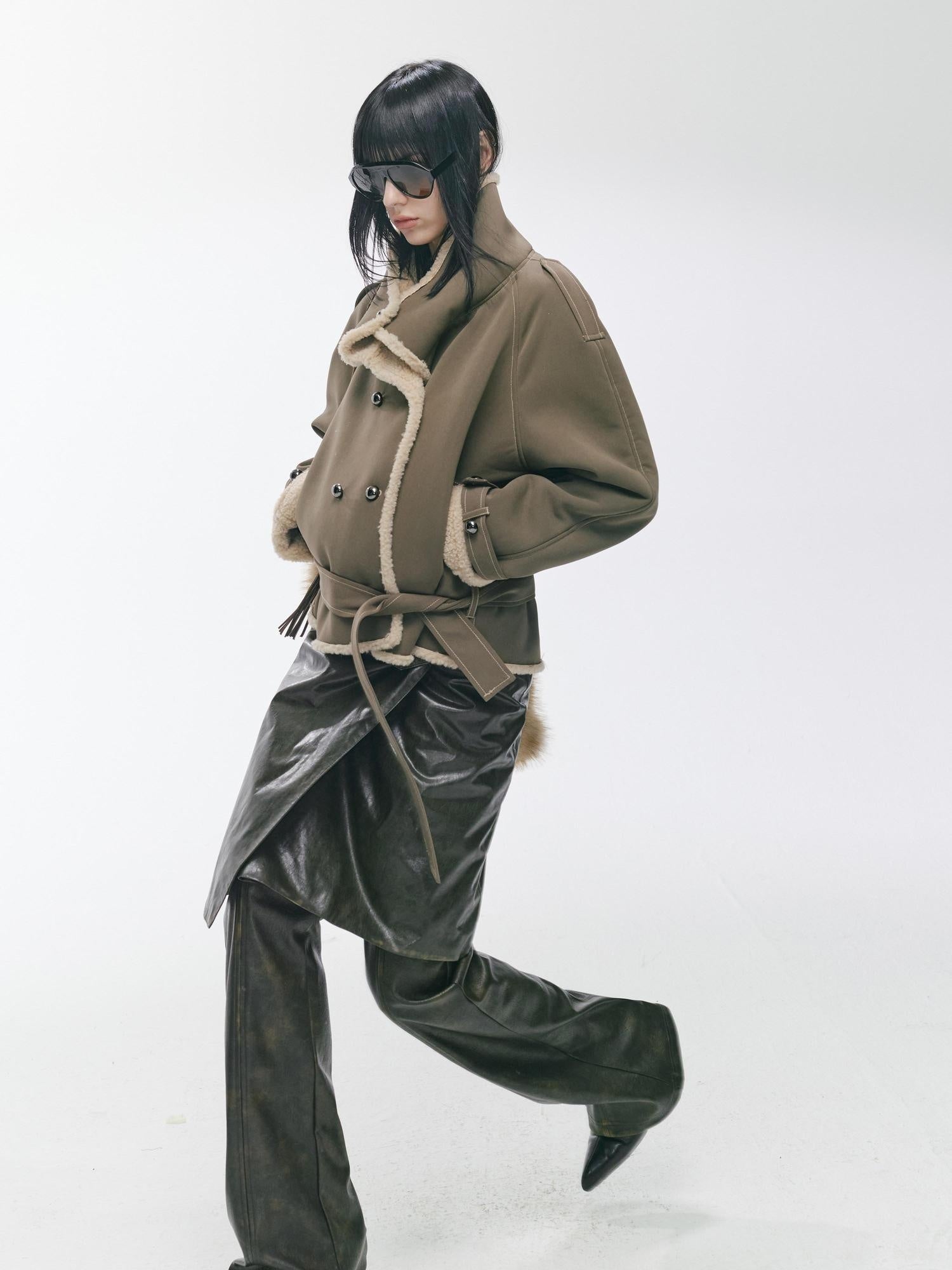 2th Desire Waist Cinching Punk Fur Trim Short Lapel Longsleeve Women Gray Green Coats