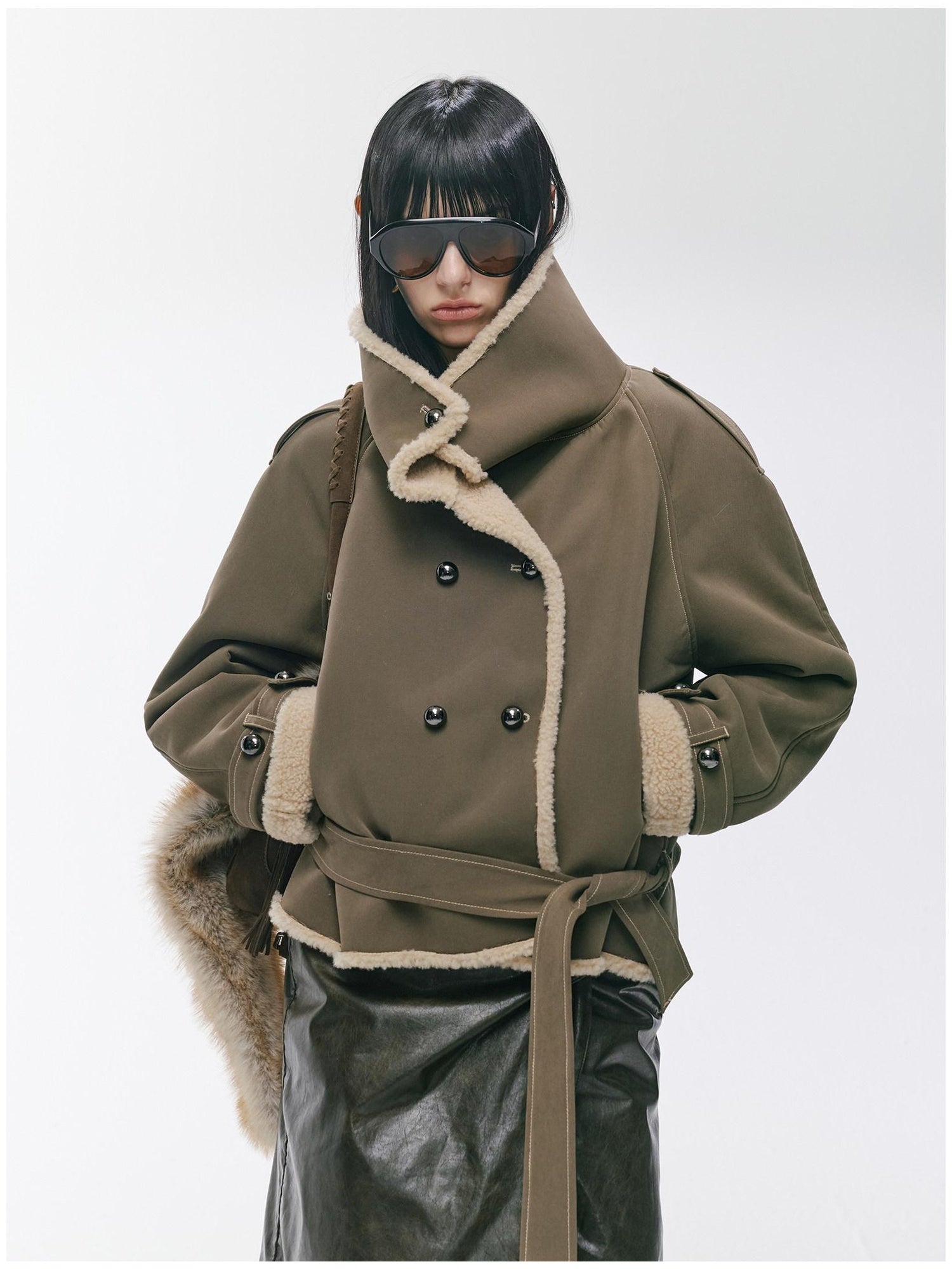 2th Desire Waist Cinching Punk Fur Trim Short Lapel Longsleeve Women Gray Green Coats