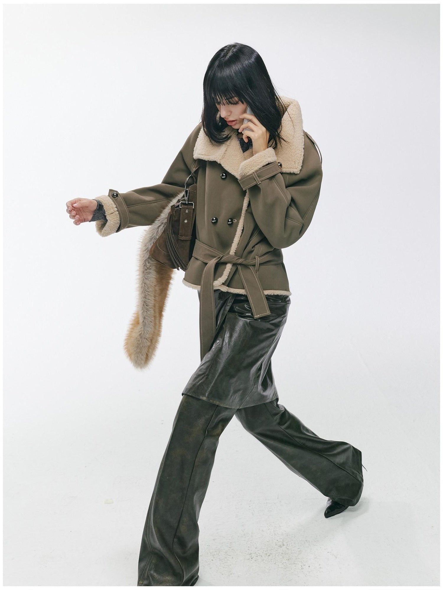 2th Desire Waist Cinching Punk Fur Trim Short Lapel Longsleeve Women Gray Green Coats