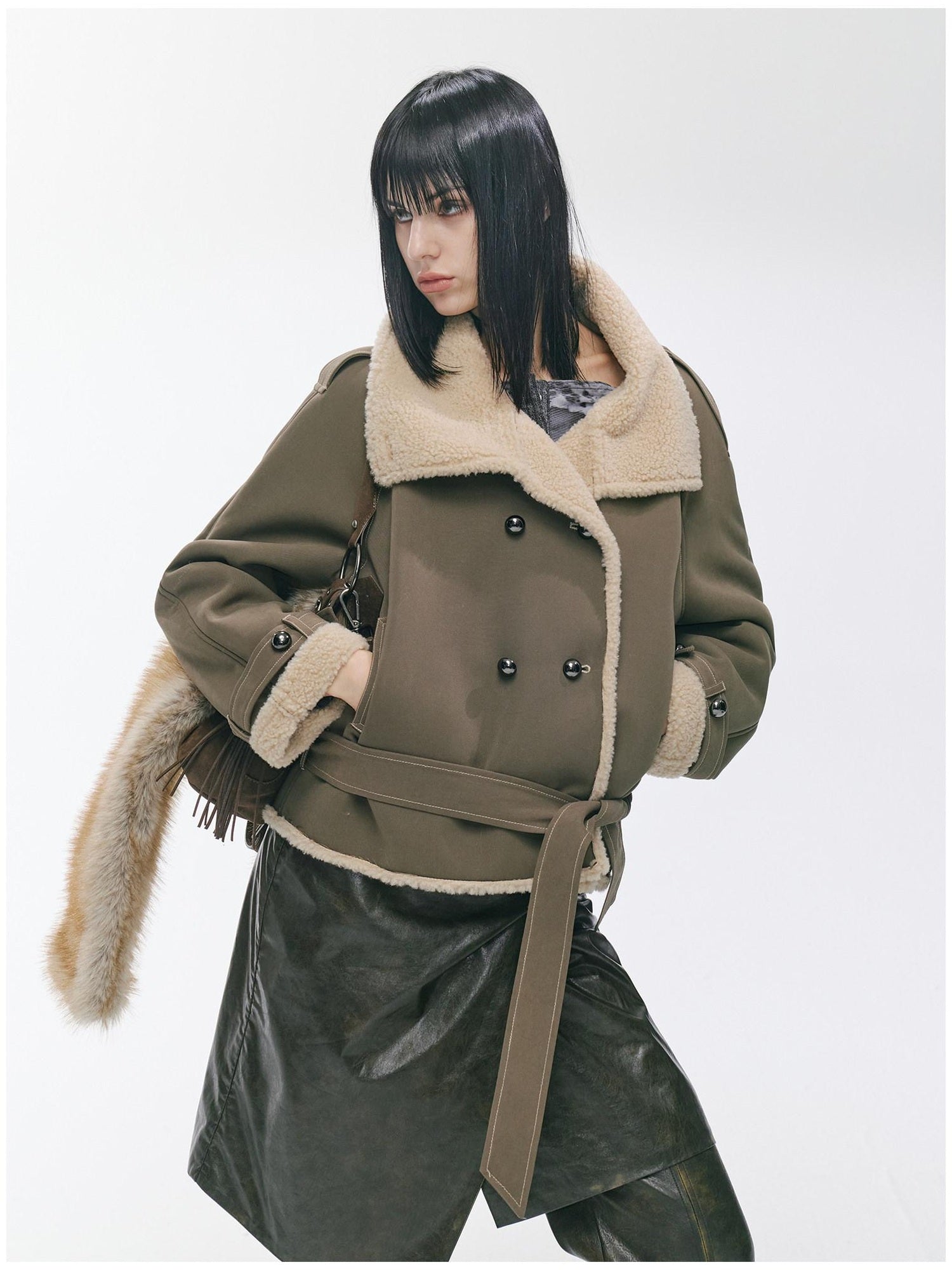 2th Desire Waist Cinching Punk Fur Trim Short Lapel Longsleeve Women Gray Green Coats
