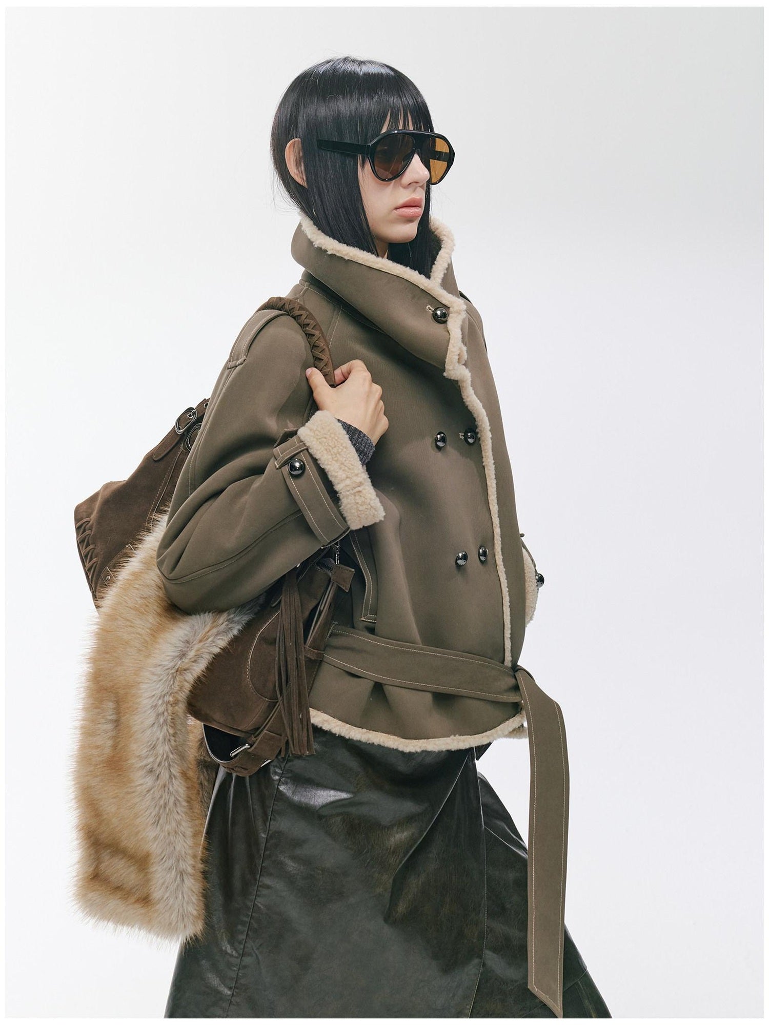 2th Desire Waist Cinching Punk Fur Trim Short Lapel Longsleeve Women Gray Green Coats
