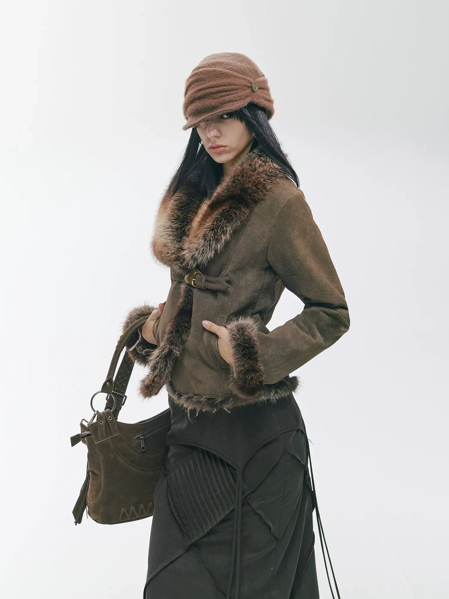 2th Desire Warm Faux Shearling Lined Vintage Cinched Waist Asymmetric Lapel Women Jacket