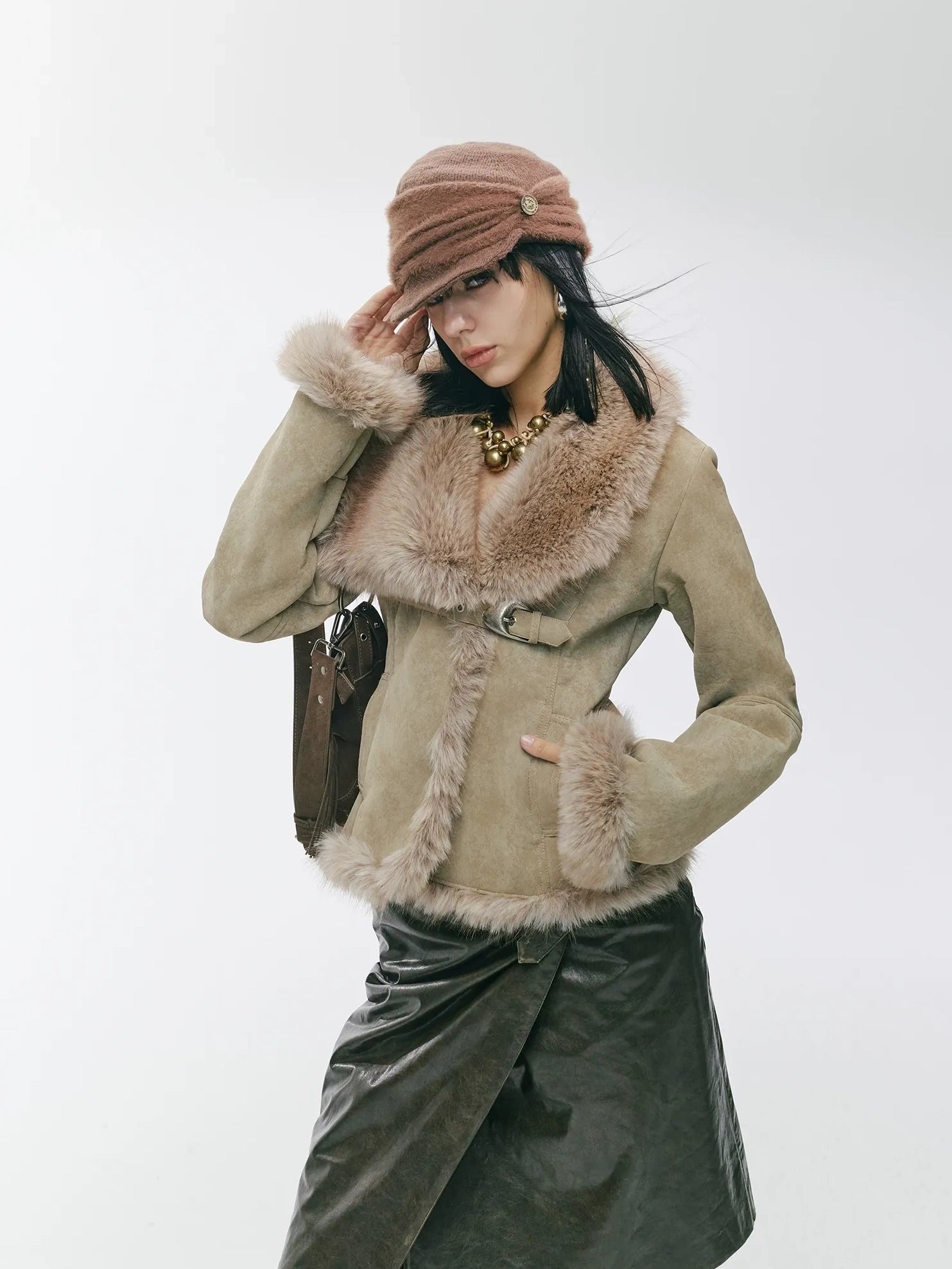 2th Desire Warm Faux Shearling Lined Vintage Cinched Waist Asymmetric Lapel Women Jacket