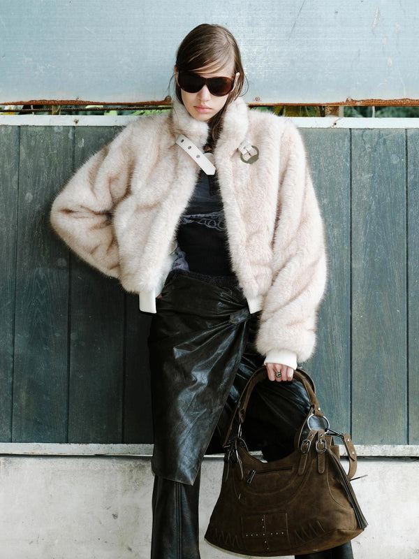 Warm Thick Faux Fur Patchwork Vintage Stand Collar Zipper Women Cropped Jacket