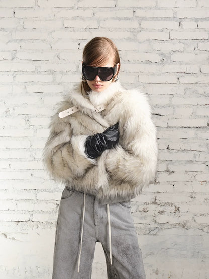 2th Desire Warm Thick Faux Fur Patchwork Vintage Stand Collar Zipper Women Cropped Jacket