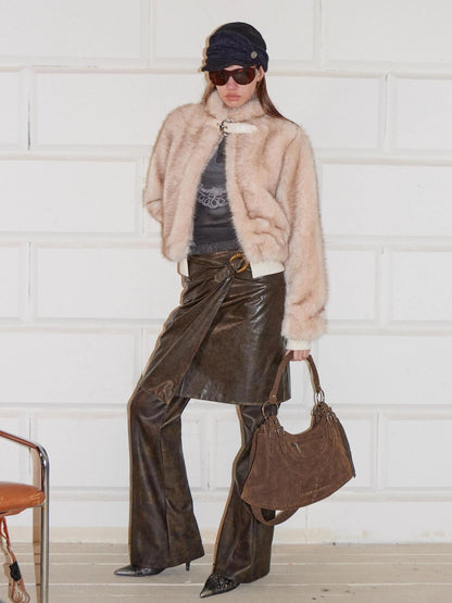 2th Desire Warm Thick Faux Fur Patchwork Vintage Stand Collar Zipper Women Cropped Jacket