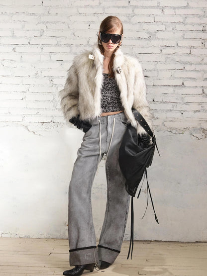 2th Desire Warm Thick Faux Fur Patchwork Vintage Stand Collar Zipper Women Cropped Jacket