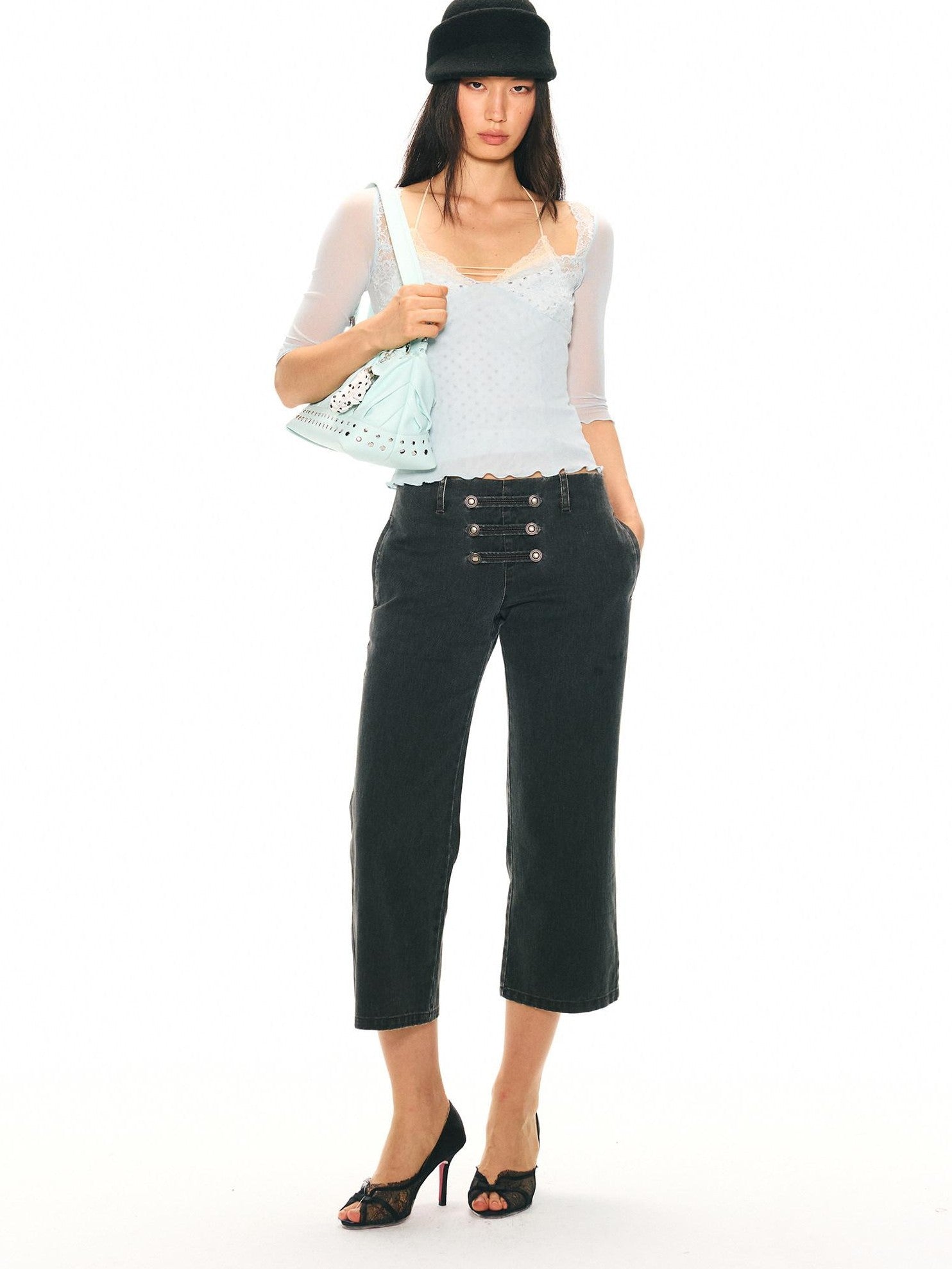 2th Desire Washed Black Grey Distressed Pirate Button High Waist Women&