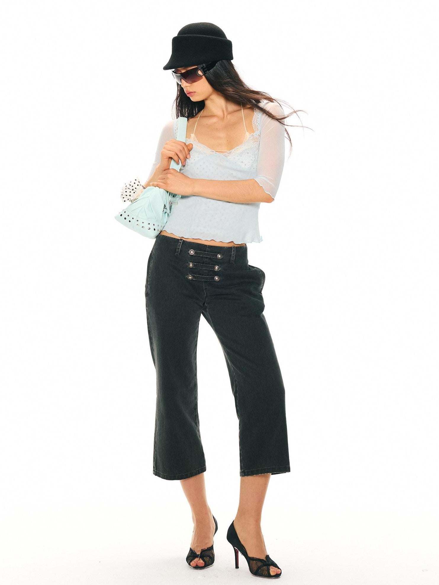 2th Desire Washed Black Grey Distressed Pirate Button High Waist Women&