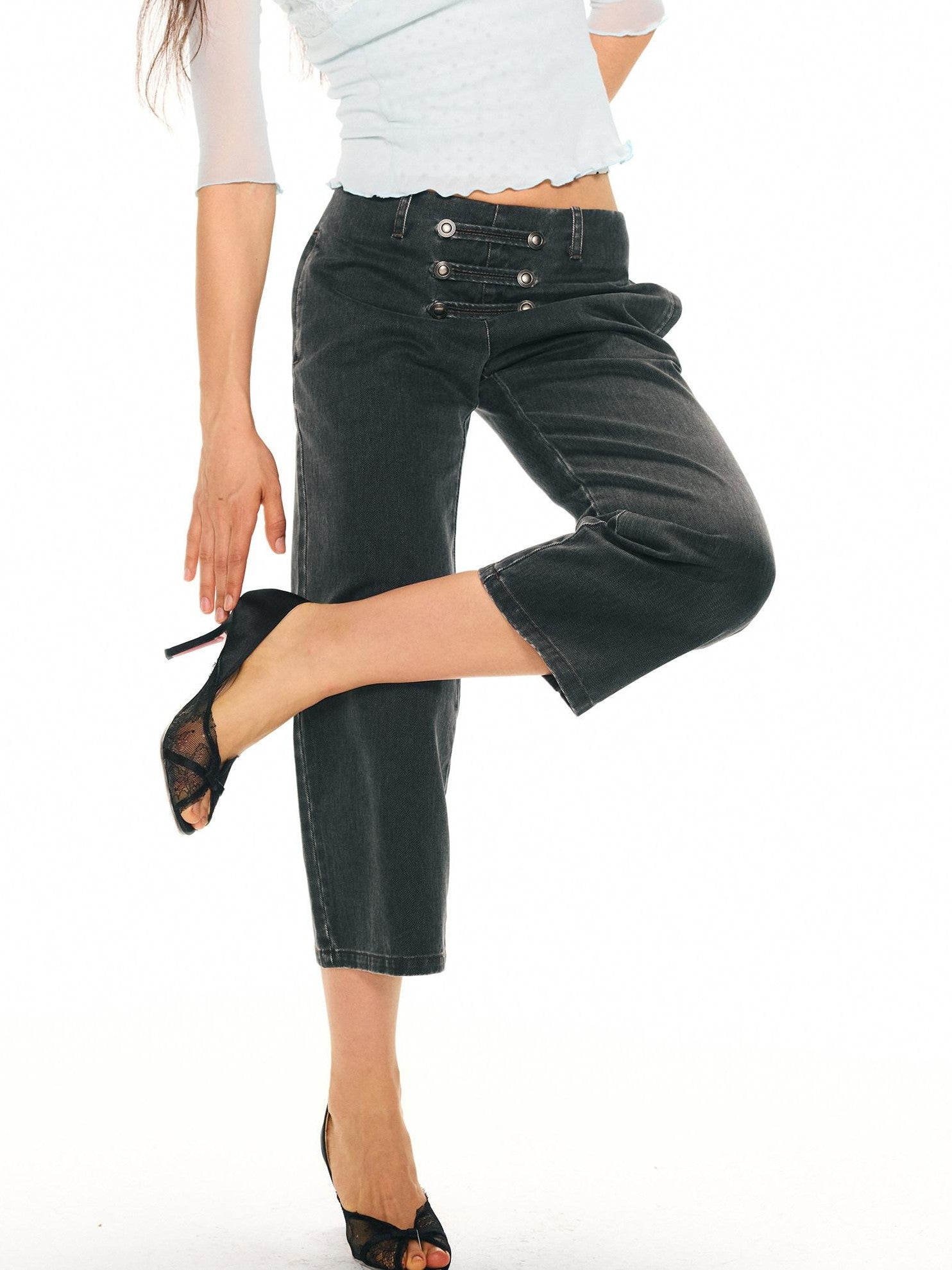 2th Desire Washed Black Grey Distressed Pirate Button High Waist Women&