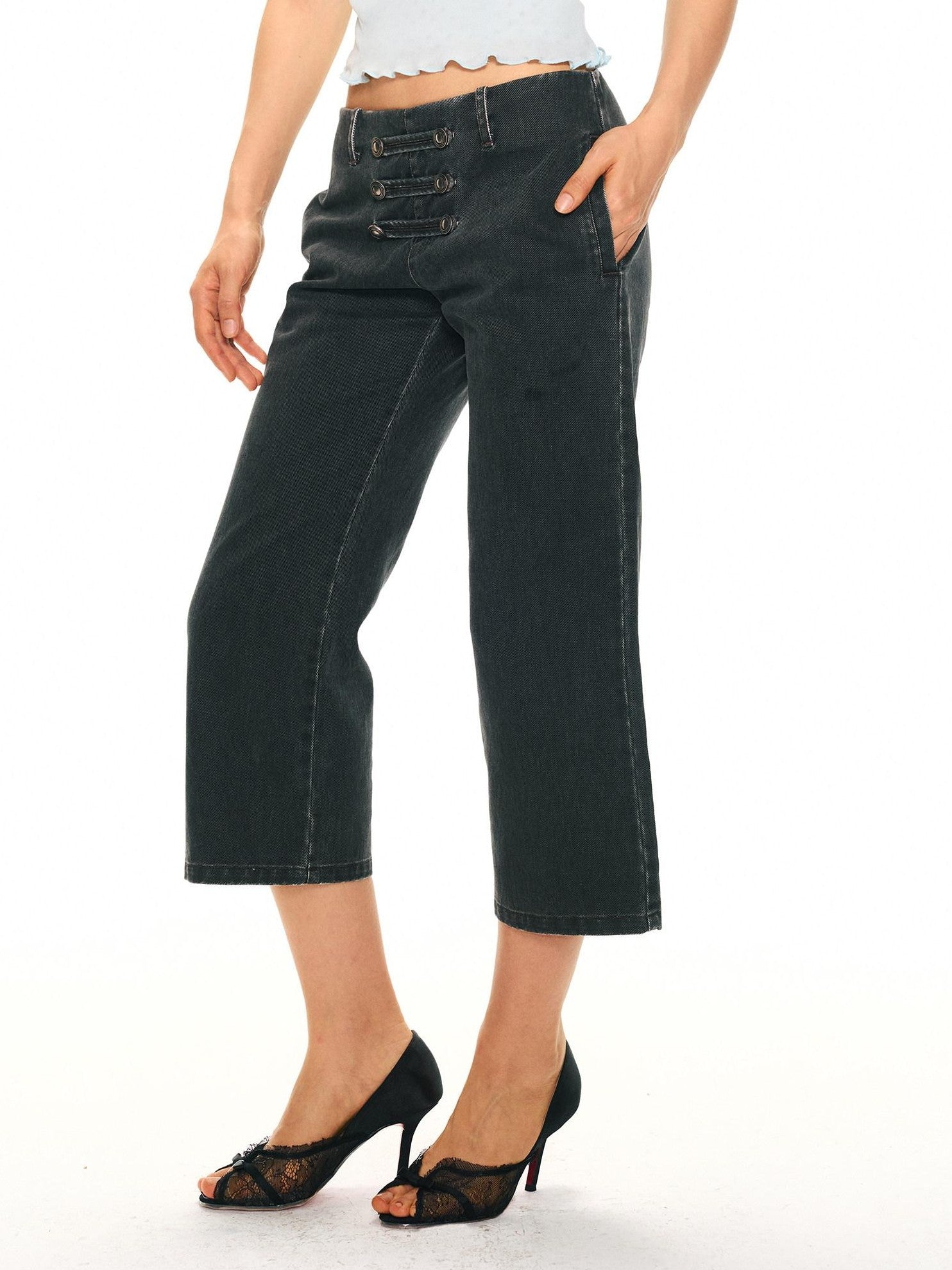 2th Desire Washed Black Grey Distressed Pirate Button High Waist Women&