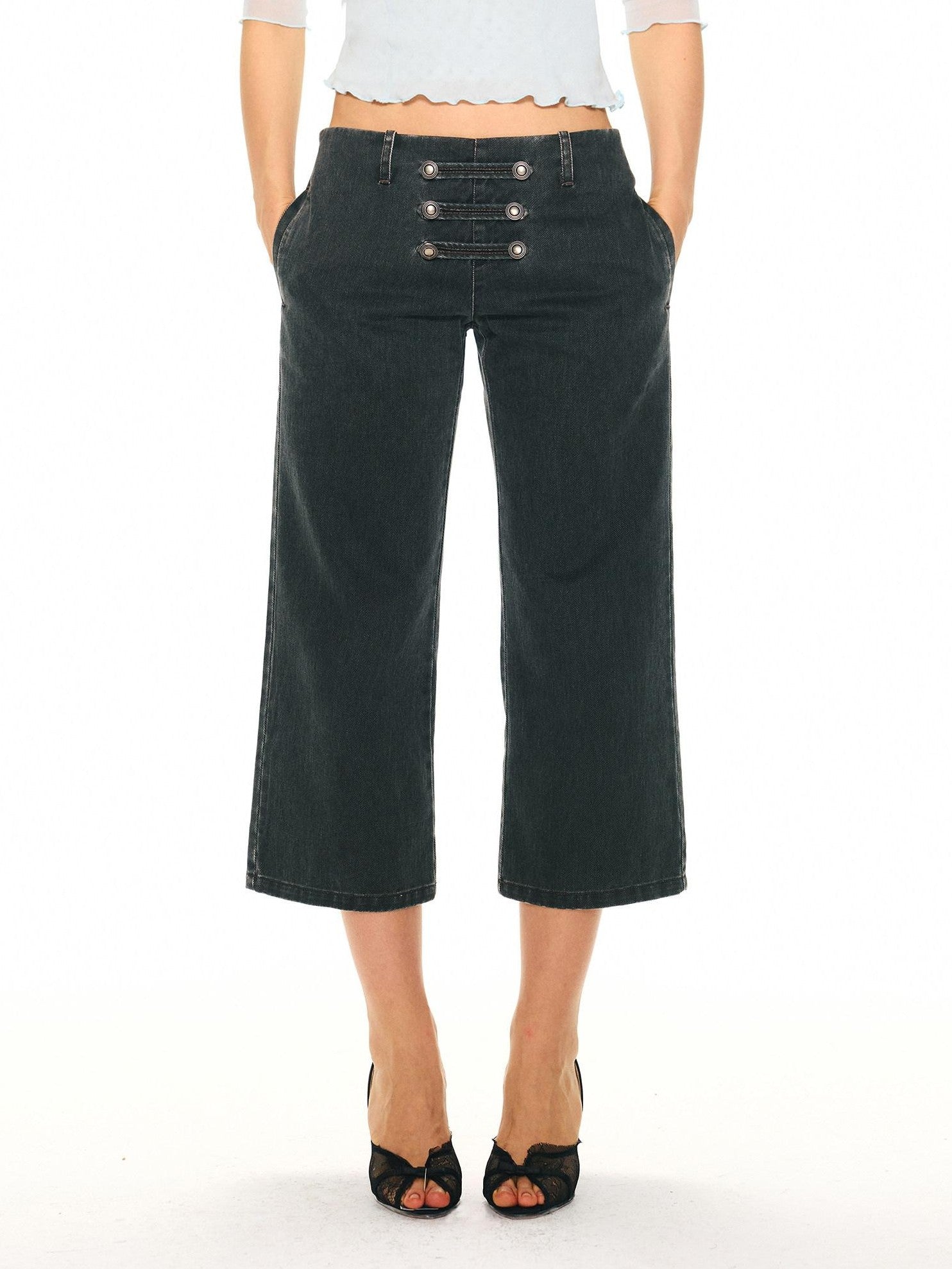 2th Desire Washed Black Grey Distressed Pirate Button High Waist Women&