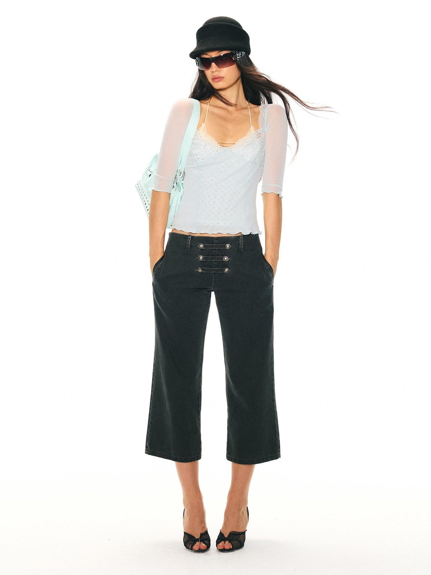 2th Desire Washed Black Grey Distressed Pirate Button High Waist Women&